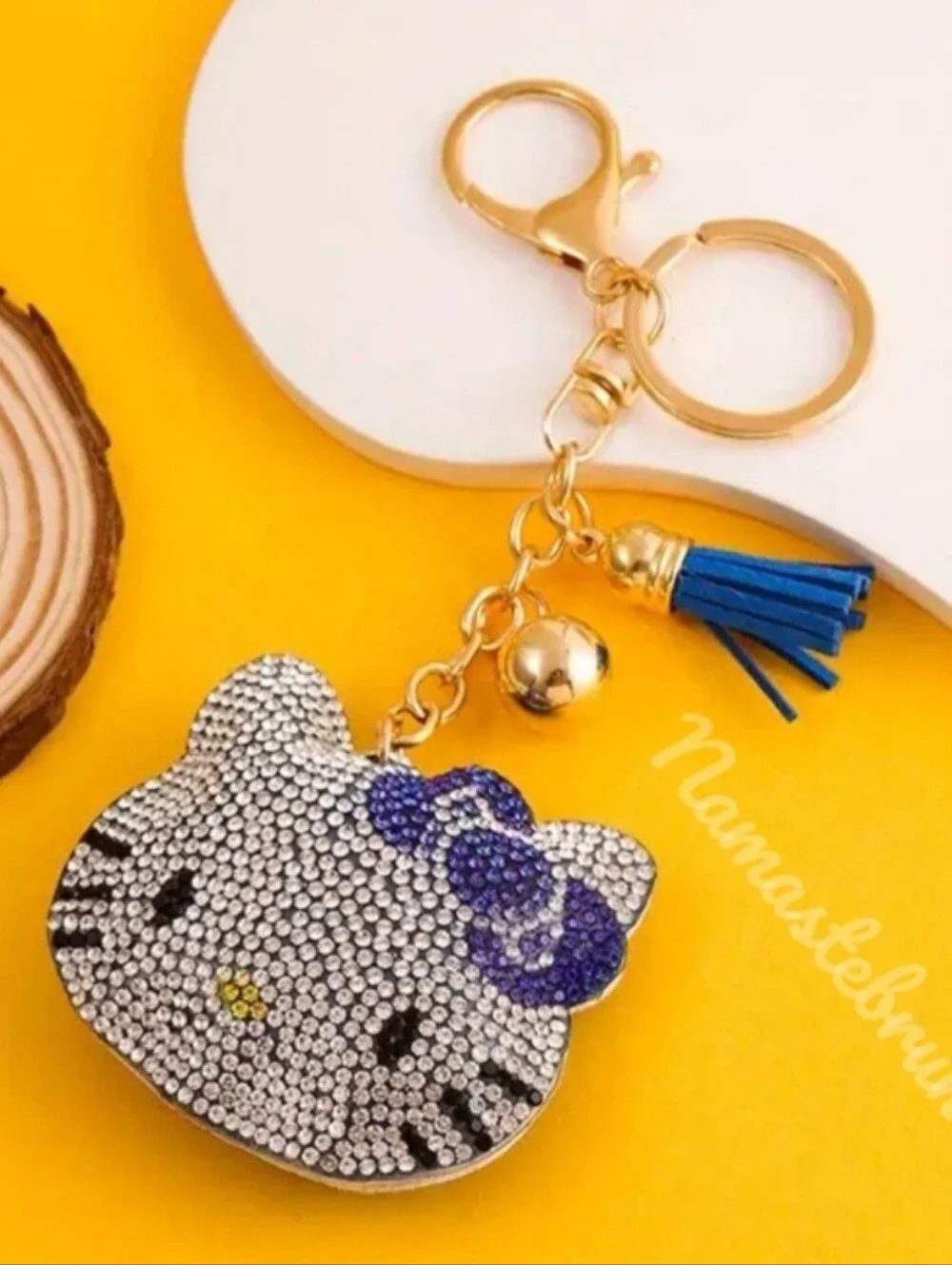 Hello Kitty Blue Bow Crystal Rhinestone Keychain Bag Charm With Tassel